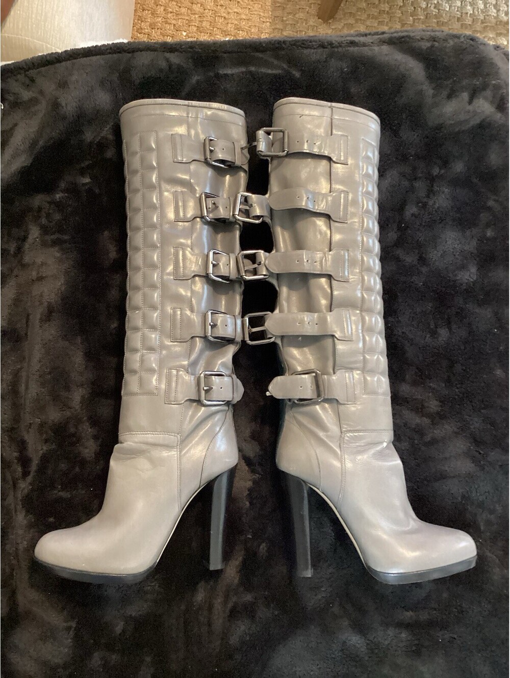 Reed Krakoff Gray Leather Tall Riding Boot Multi Buckle 4" Heel Euro Size 36